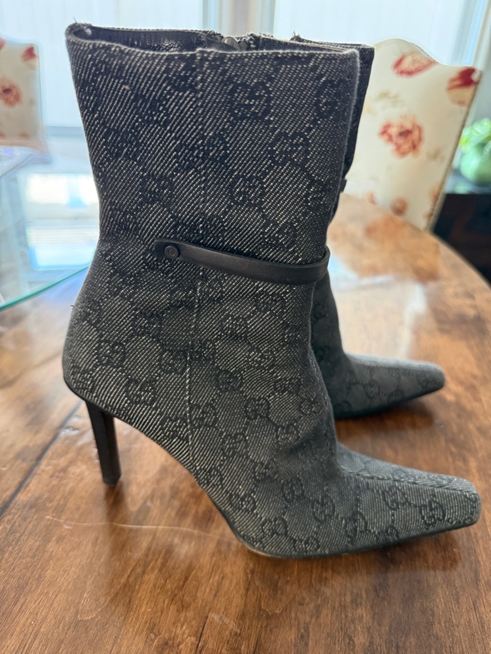 Authentic Gucci dark Jean or Black Patterned Pointed-Toe Stiletto Booties